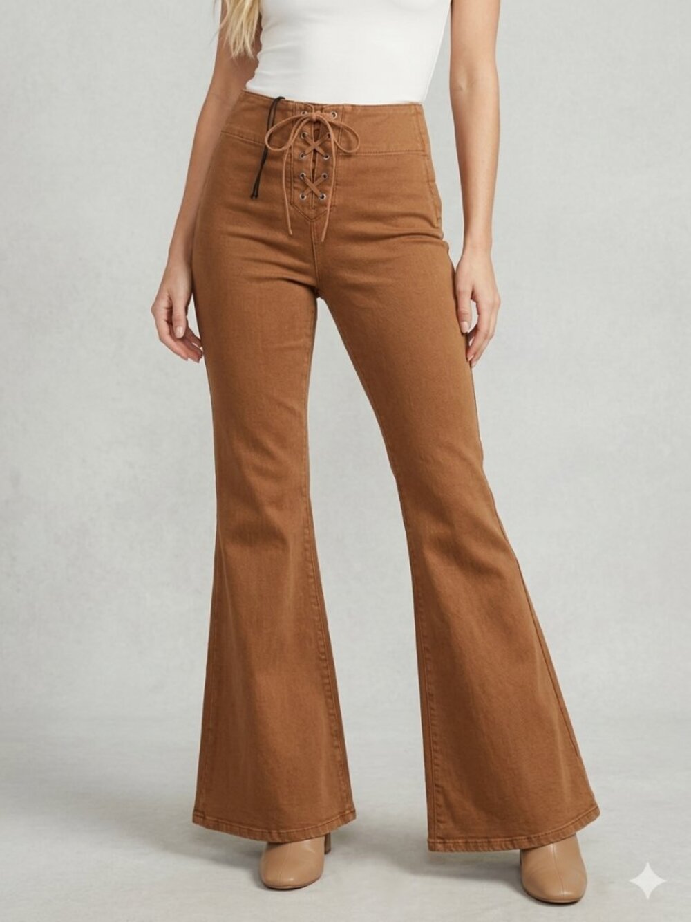 Avec Les Filles Lace Up Flare Pants Jeans 24 NWT Santa Fe Umber Brown High Rise